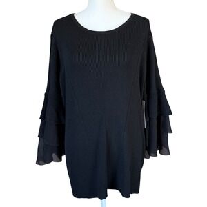 Design History Black Ribbed Knit Tunic Top 2X Layered Ruffle Sleeve NEW‎